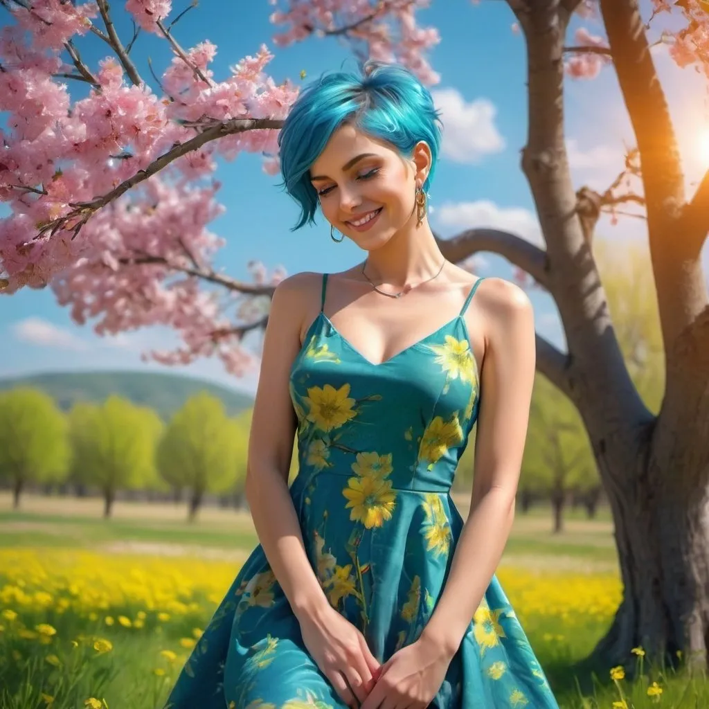 Prompt: 4k , high resolution , glamour photography , art photography , digital painting ,bright colors ,trees ,beautiful calm place ,peaceful ,blue sky, flowers are blooming ,spring season , an attractive woman standing near a tree and she is touching her dress ,she enjoys the freedom of the nature ,the sun shines on the woman and she smiles , blue pixie hair , green floral mini dress  , earrings , necklace  , low angle pose , legs  , low angle shot 