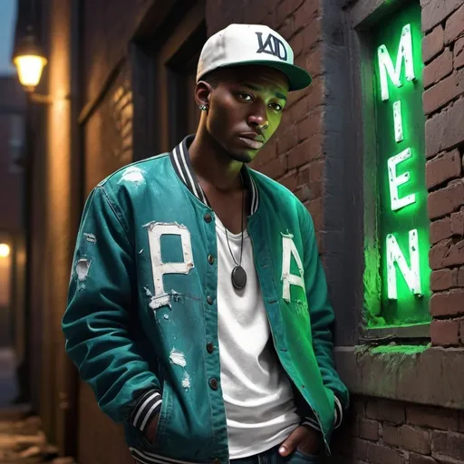 Prompt: 4k , high resolution , digital painting , modeling , neglected ally , dramatic colors, old building wall , led lights above the man , a man leaning against the wall , ,dark skin, mid fade haircut , opened green letter jacket , white under shirt , blue jeans , green turned back hat ,the front of the hat is back , close up on the man , low angle shot 