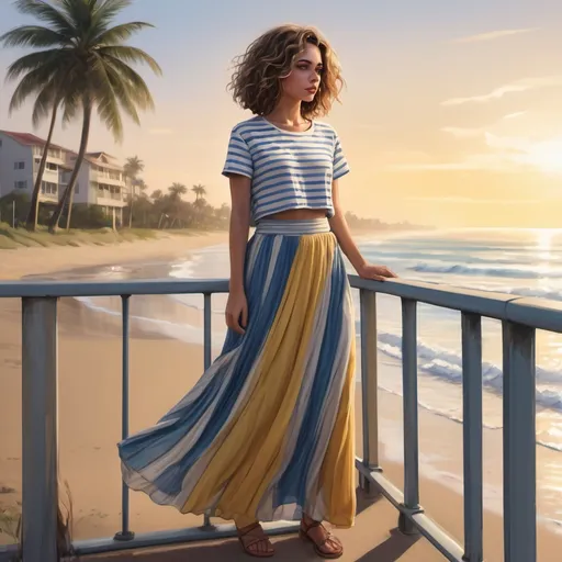 Prompt: a digital painting of a woman ( striped white blue and yellow shirt,Flowy Maxi Skirt: ,) standing , safety railing behind her and beach in the background with a beautiful sunset and palm tree ,Messy Beach Waves haircut , fashion photography 