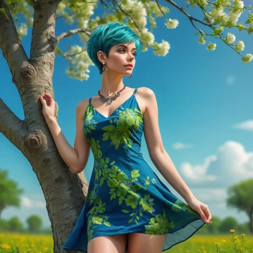 Prompt: 4k , high resolution , glamour photography , art photography , digital painting ,bright colors ,trees ,beautiful calm place , flowers , an attractive woman standing near a tree in modeling pose ,she enjoys the freedom of the nature  , blue pixie hair , green floral mini dress  , earrings , necklace , close up , low modeling pose , legs  , low angle shot 