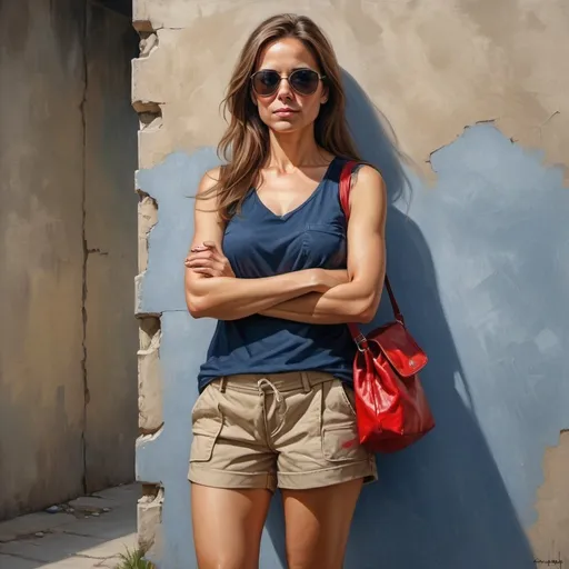 Prompt: 4k, high resolution,detailed,professional, oil painting,dark colors, street, ,a beautiful woman standing near the concrete wall, crossed hands ,red bag,she is 45 years old, the woman wears dark blue  sleeveless shirt , beige cargo shorts , long brown hair , sunglasses, mirrored lens , rounded body, low angle shot , close up