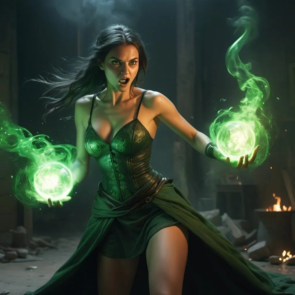 Prompt: 4k , high resolution,fantasy , digital painting , illustration , mythology , dark place  , dirt floor , a witch is standing , she is shooting  green fire projectiles from her hands   , green aura around the woman , black hood , glowing green eyes , slit skirt , barefoot  , portrait  , detailed face , throwing ball stance , she is throwing the green fire, green fire balls are in the air , low angle shot , powerful stance , she is yelling and trying hard to fight , dynamic hand move , wind effects 