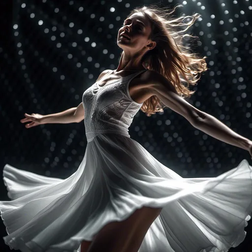 Prompt: <mymodel>
4k  , high resolution,artistic ,black and white color shot ,digital painting , a woman in short white dress is dancing on dark stage , close up , energetic dance , lights shine on the dress , dynamic , dramatic dance , low angle shot , hologram 