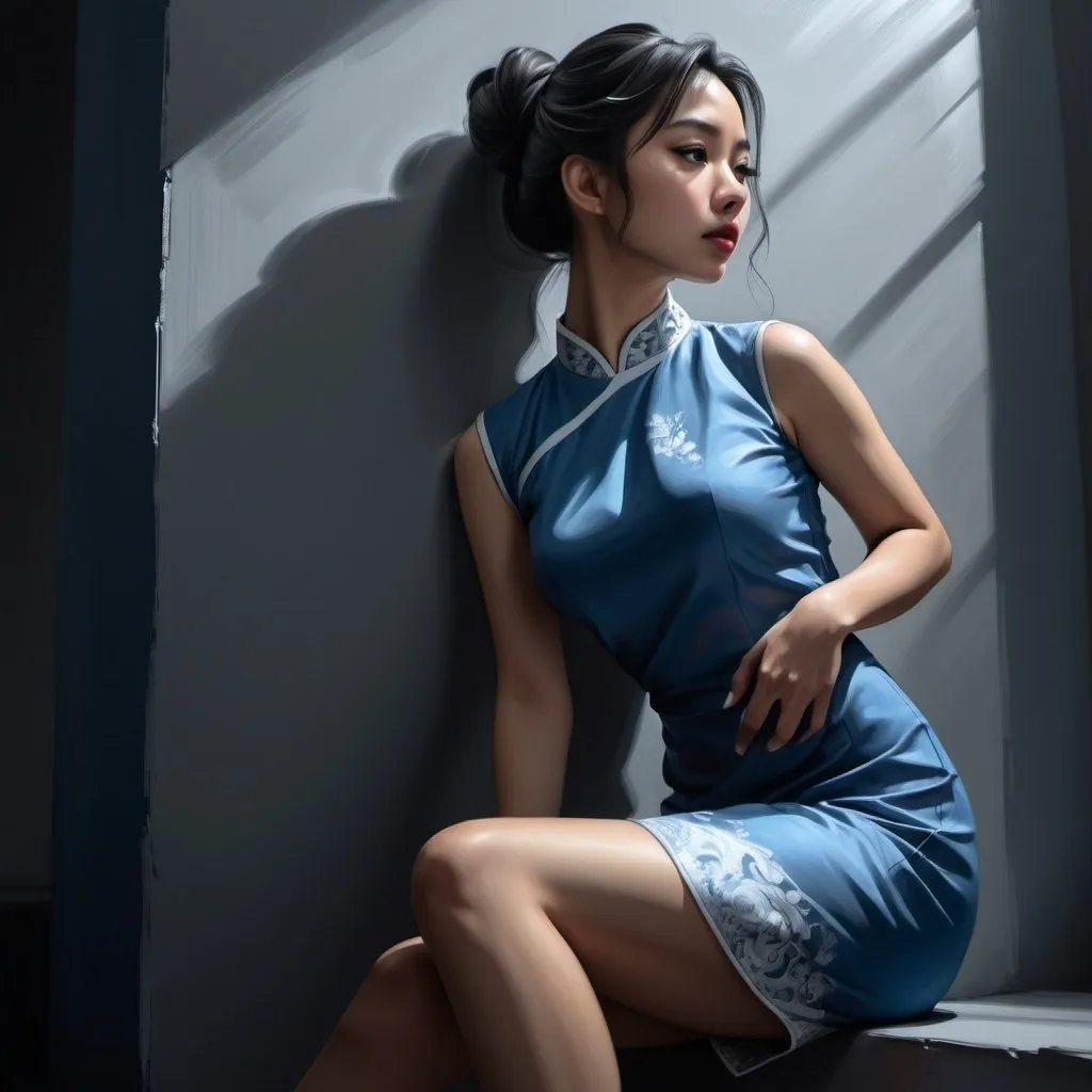 Prompt: 4k , high resolution , digital painting , photorealism , artistic , achromatic grays , dark empty room ,  modeling , a asian woman leans against the wall in modeling pose , hair buns  hairstyle , blue qipao dress , legs , model stance , low angle shot , expressionism , close up , light and shadow photography 