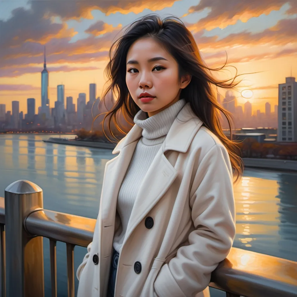 Prompt: oil painting of a asian woman(white wool coat , white turtleneck , skinny jeans ,) standing(dramatic face expressions) near the safety railing ,sidewalk , surrounded by a stunning city skyline, capturing urban beauty, warm sunset hues reflecting on water, soft waves lapping at the shore, a gentle breeze in her hair, (4K) quality, realism , high resolution 