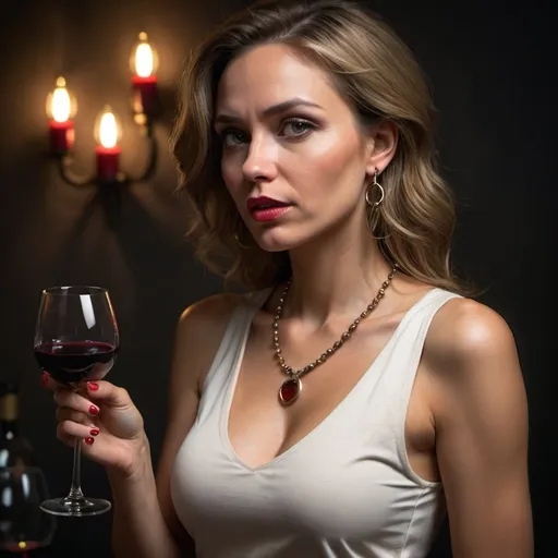 Prompt: high resolution , 4k , detailed , dark colors , realism,expressionism , professional modeling photography ,promotional image , dark room , dark walls ,dramatic lights ,lights on the woman, a woman drinks red wine , white sleeveless shirt , khaki tight pants , necklace , earrings 