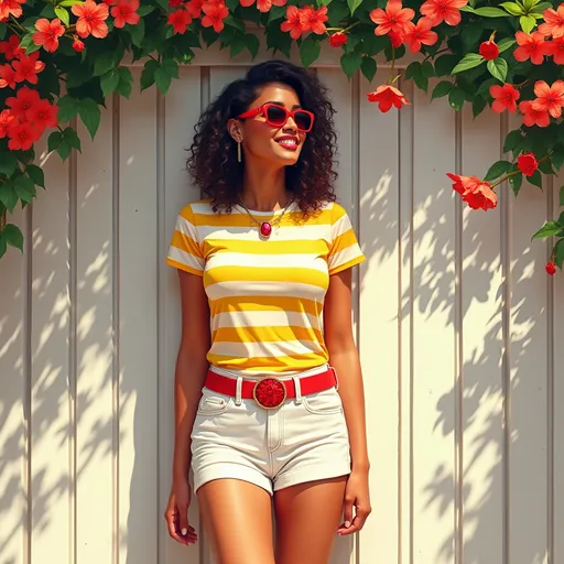 Prompt: A vibrant digital painting captures a sun-drenched scene where a woman stands confidently against a backdrop of a charming white fence adorned with cascading red flowers, their petals gently swaying in a warm breeze. She wears a horizontally striped yellow and white shirt that pops against the soft, sandy ground below her feet, paired with fitted white shorts held in place by a striking red circular buckle belt. Around her neck glimmers a necklace showcasing a brilliant red beryl, while stylish red sunglasses rest lightly on her nose. Dramatic, dappled sunlight filters through the flowers, creating playful shadows, enhancing her joyful expression as she gazes to the side, embracing the carefree essence of summer. This scene, imbued with warm, inviting colors, evokes a sense of leisure and vibrant life, perfect for a bright and cheerful artwork.