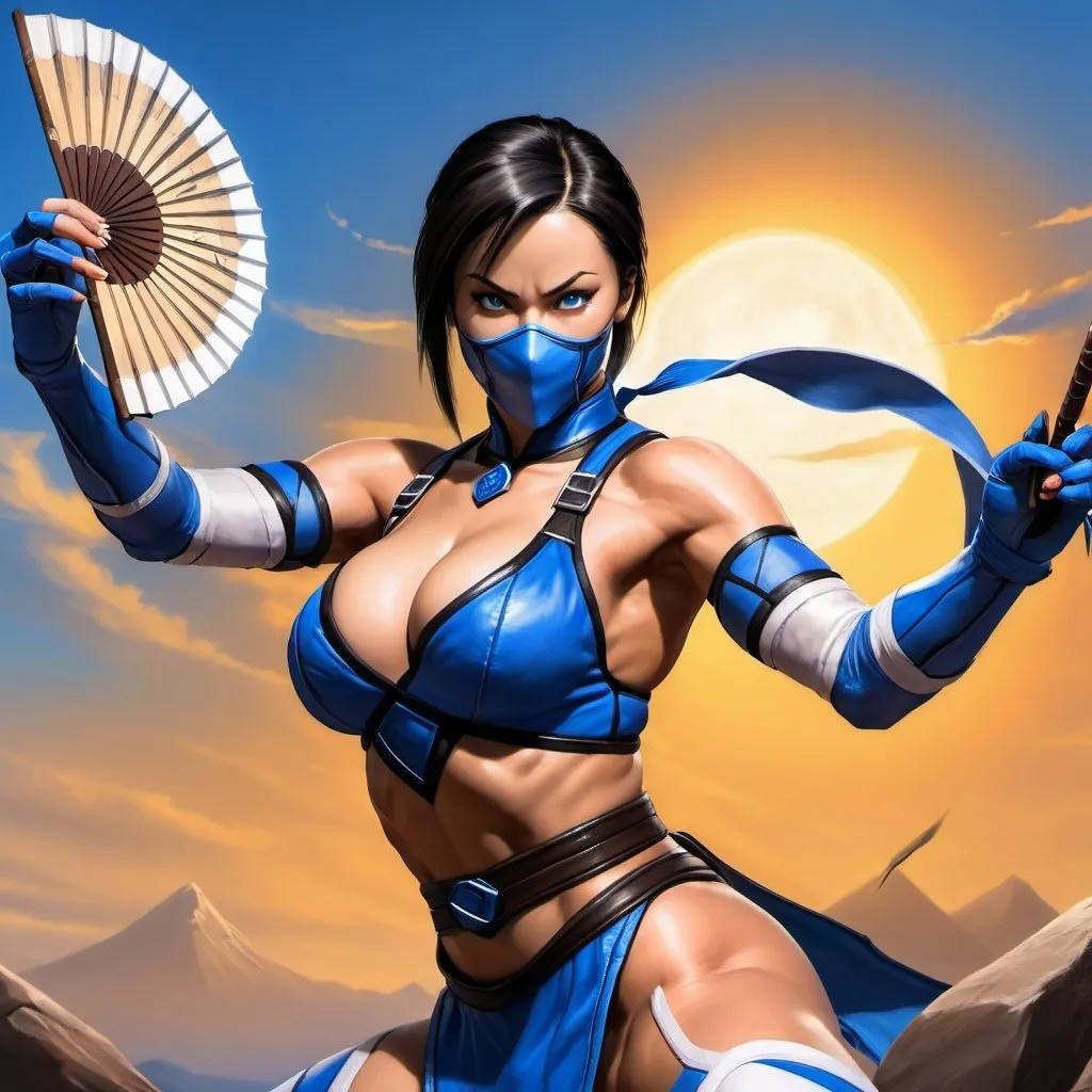 Prompt: 4k,oil painting,high resolution,professional,artistic, bright colors ,fighting game, blue sky,modeling  , kitana from mortal kombat video ,low angle shot,modeling,kitana's outfit from mortal kombat 3,focus on legs  ,blue mask covers only her mouth ,  portrait ,she holds a beautiful fan with blades, 