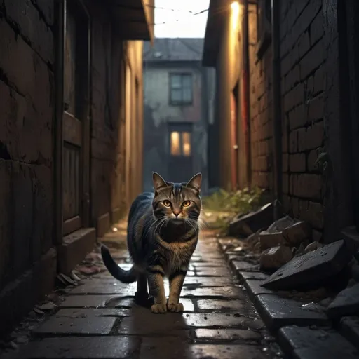 Prompt: 4k , high resolution , dark colors 
a cat is looking for food  in neglected alley, intense lighting, urban decay, dark and moody, detailed fur with dramatic shadows, abandoned environment, high quality, digital painting, dramatic lighting, neglected urban setting, dramatic atmosphere, 