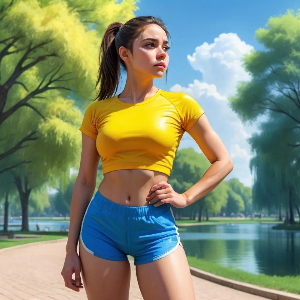 Prompt: 4k , high resolution, bright colors ,realistic illustration,  park , blue sky ,tree, a woman is modeling , model stance, lake , brunette hair , ponytail, yellow crop top shirt , blue sport shorts  , show floor ,dynamic ,close up , emotional face expression ,expressionism , low angle shot , portrait