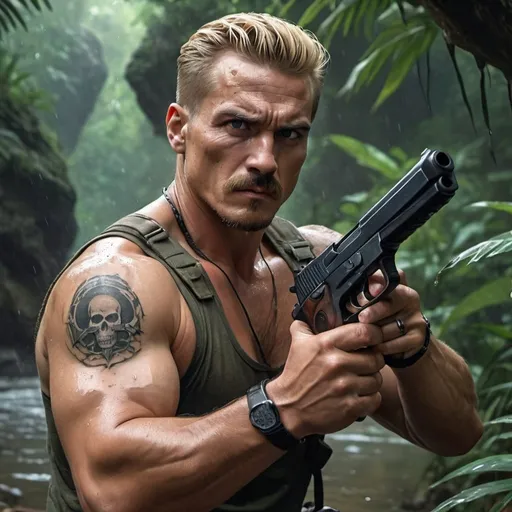 Prompt: 4k , high resolution , detailed , digital painting ,professional , action movie, dynamic , promotional movie poster , dark colors , jungle ,river, bushes, rock , a man holds a pistol , he holds the pistol with both hands and shooting , he wears no shirt on him, army pants , mullet hairstyle , blonde hair , the parted pencil mustache , muscular , aim stance ,badass look ,bullet belt, tattoo of skull on his arm , full body  , shooting scene , wet skin , low angle shot , angry face 