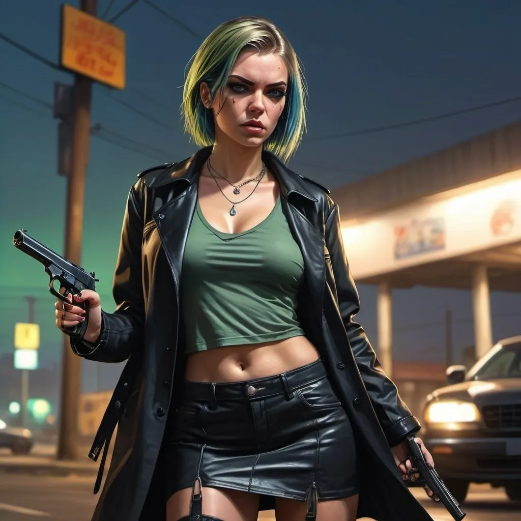 Prompt: 4k , high resolution , detailed , gta style ,dark colors , digital painting , street sunset ,road ,car, dramatic atmosphere  , a woman holds a pistol  , aim pistol stance  ,  blue eyes , pale skin necklace , leather black coat , black crop top shirt , khaki miniskirt , black boots , dyed blue and green streaks in hair , low angle shot 