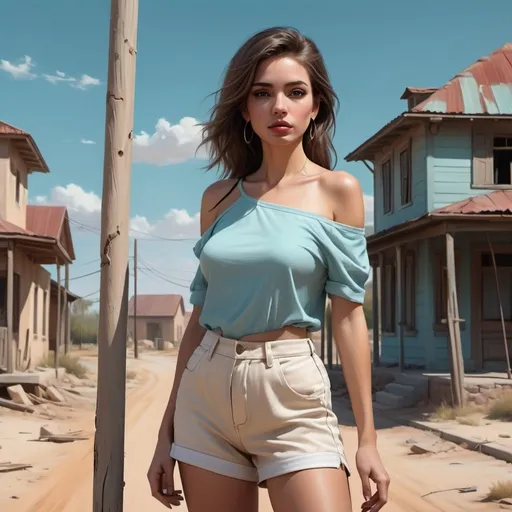 Prompt: 4k , high resolution , modeling , fashion, outside  ,digital painting , realism , urban , , road mixed with sand  ,old poles , old house are behind , sky ,
a woman stands next to pole , modeling stance , artistic , creme white shorts ,  off shoulder tiffany blue shirt , dark colors , 