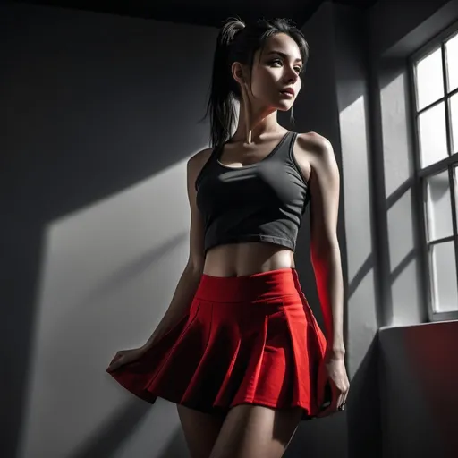 Prompt: 4k , high resolution , dark colors ,achromatic grays , detailed photo modeling , artistic, room , corner , a woman , low angle shot,show legs,portrait,ponytail, black hair , black crop top shirt , detailed red miniskirt, light shines the woman , light and shadow photography , expressionism ,modeling stance , good composition 