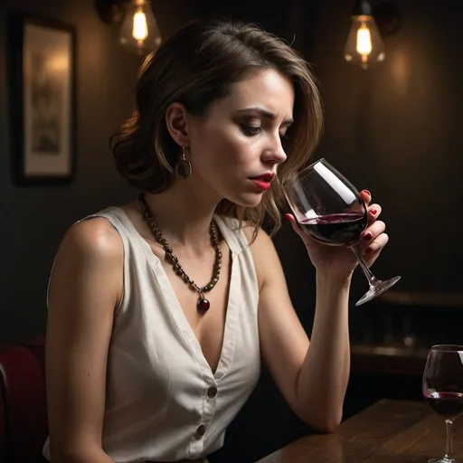 Prompt: high resolution , 4k , detailed , dark colors , realism,expressionism , sad atmosphere, professional modeling photography ,promotional image , dark room , dark walls ,dramatic lights ,lights on the woman, a woman drinks red wine , white sleeveless shirt , khaki tight pants , necklace , earrings , sad 