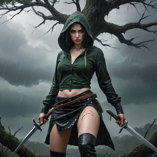 Prompt: 4k ,oil painting ,fantasy, high resolution ,artistic,nature ,sky,rain ,dark atmosphere ,action,dynamic, a white dangerous  leans against a tree and woman holds dagger , model pose , angry face , black hair , traditional buttoned black shirt , dark green slit miniskirt  ,black hood,  good composition , low angle shot , focus on legs ,crossed leg stance, portrait 