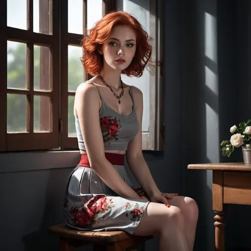 Prompt: 4k , high resolution ,dark colors ,digital painting ,glamour photography , art photography , professional , dark room , window with opened shutters ,sunlight shines the woman through the window  , a woman sitting on wooden chair , red hair ,pale skin, red sleeveless crop top shirt , detailed gray floral short circle skirt ,necklace , legs , close up ,drama , light and shadow photography , low angle shot 