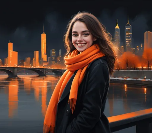 Prompt: digital painting of a city skyline with a woman (black coat ,orange scarf , jeans ) smiling  and  a river in the background at night time with a bright orange sky reflecting on the water ,winter ,, art photography, at night, high resolution , realism , beautiful sunset ,