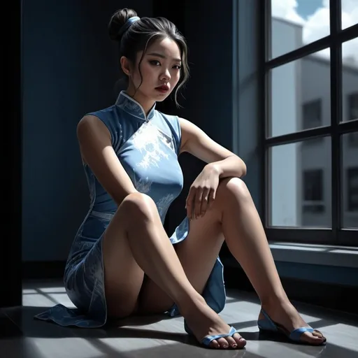 Prompt: 4k , high resolution , digital painting , photorealism , artistic , achromatic grays ,window, dark room ,  modeling , a asian woman sits on the floor ,dynamic photo , dramatic ,  hair buns  hairstyle , blue modern cheongsam dress , legs , model stance , low angle shot , expressionism , close up , light and shadow photography , portrait 