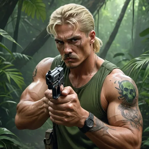 Prompt: 4k , high resolution , detailed , digital painting ,professional , action movie, dark colors , jungle , a man , he holds a pistol and aims it , green undershirt , army pants , mullet hairstyle , blonde hair , the parted pencil mustache , muscular , aim stance ,badass look , tattoo of skull on his arm 