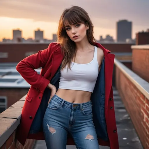 Prompt: 4k , high resolution , detailed ,fashion photography  , dramatic ,bright colors,contrast, realism ,professional, lights on the woman , art photography,neglected rooftop,urban view, sunset, a woman standing near the brick wall in modeling pose,bucket , bangs haircut, brown hair , opened red coat and white crop top under the brown jacket  , blue long tight  jeans , portrait , legs , low angle shot ,