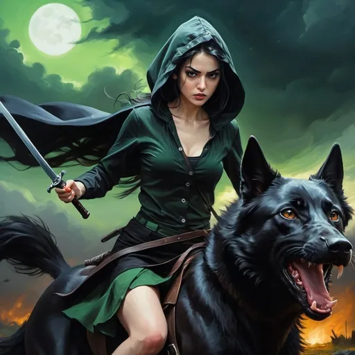 Prompt: 4k ,oil painting ,fantasy, high resolution ,artistic,nature ,sky ,dark atmosphere ,action,dynamic,small wolf, a white dangerous  woman holds dagger and she rides on black wolf , angry face , black hair , traditional buttoned black shirt , dark green slit miniskirt  ,black hood,  good composition 