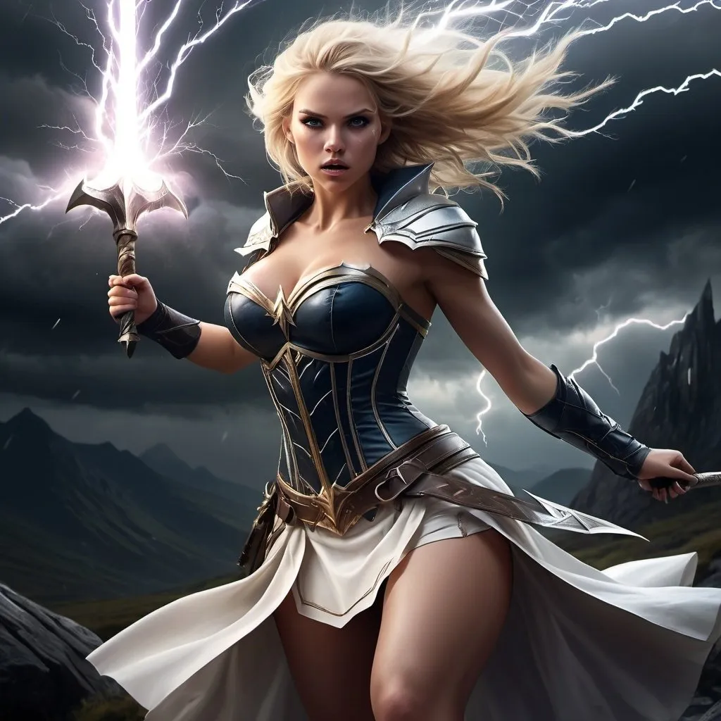 Prompt: 4k , high resolution ,fantasy, illustration , dark colors , artistic ,mountain, a woman holds up magical sword ,big storm caused by the magical sword , strong wind ,dark background, blonde hair ,white crown on her head , white combat corset , white short skirt revealing legs  ,combat stance , thunder aura around the sword , sword's blade glowing with the thunder , portrait , 