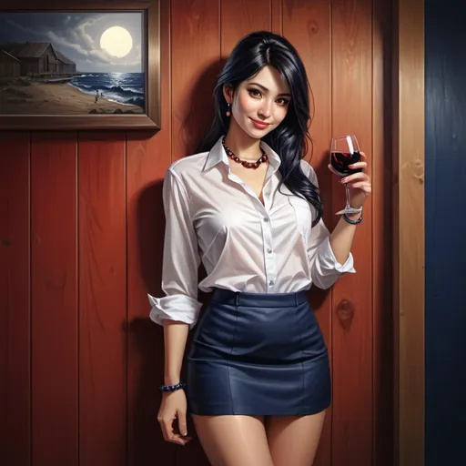 Prompt: 4k , high resolution , detailed , digital painting , dark colors , wooden wall , 
a woman standing near the wall and she is holding a glass of red wine , white opened shirt ,  , navy blue miniskirt revealing legs  ,black hair, pearl necklace  , she is looking at the viewer with slight smile , good composition (center)