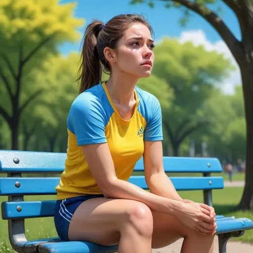 Prompt: 4k , high resolution, bright colors ,artistic ,realistic illustration,  park , blue sky ,tree, a woman sits bench and holds her face, brunette hair , ponytail, yellow crop top shirt and blue sport shorts  ,dynamic ,close up , emotional face expression , low angle shot,focus on legs ,wet face , long distance shot , 