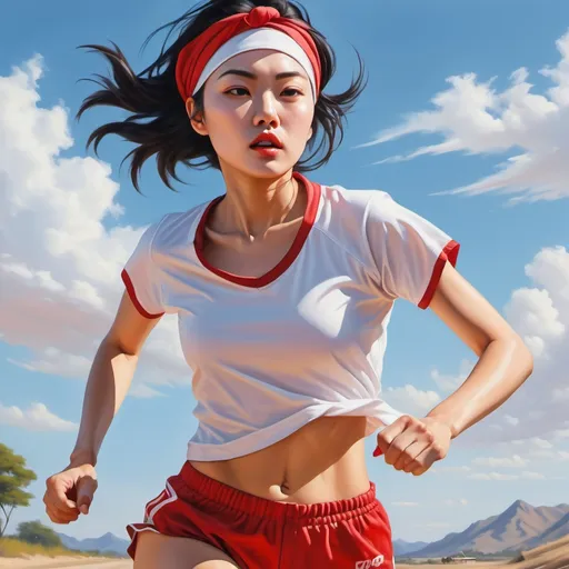 Prompt: 4k,oil painting ,high resolution,professional, bright colors , blue sky,modeling , law angle shot,she is running , a asian woman is modeling , red bandana on head,haircut,black hair, red sports shorts, white t-shirt ,focus on legs , close up on legs , modeling pose 
