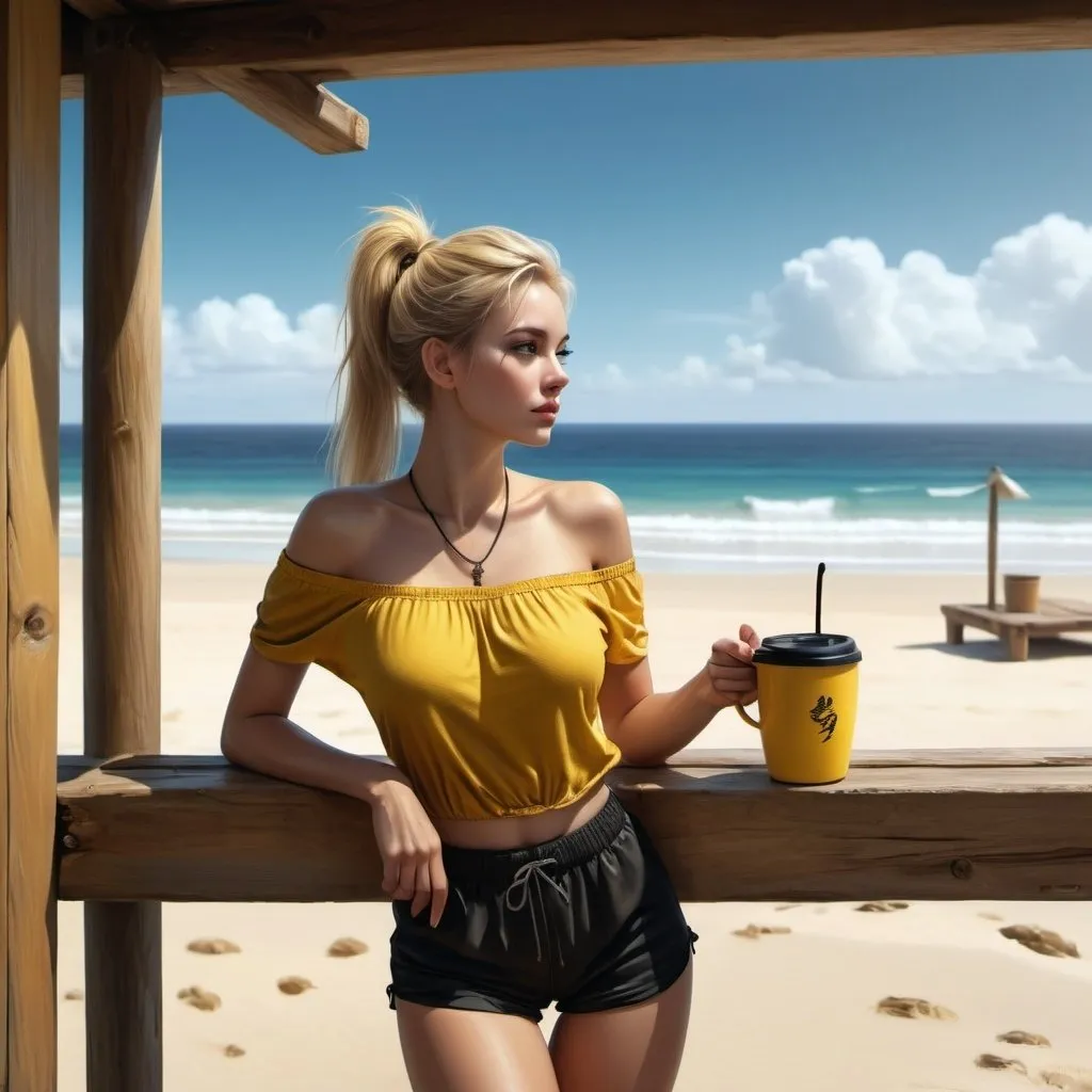 Prompt: a woman leans against wooden pole and holds coffee from yellow cup ,wooden table ,window , beautiful view , sea ,sand, high resolution , 4k , digital painting , realism , the woman wears black shorts , yellow off shoulder top ,blonde hair , ponytail ,necklace , legs , artistic modeling stance , modeling  photography  , close up , low angle shot ,dark colors 