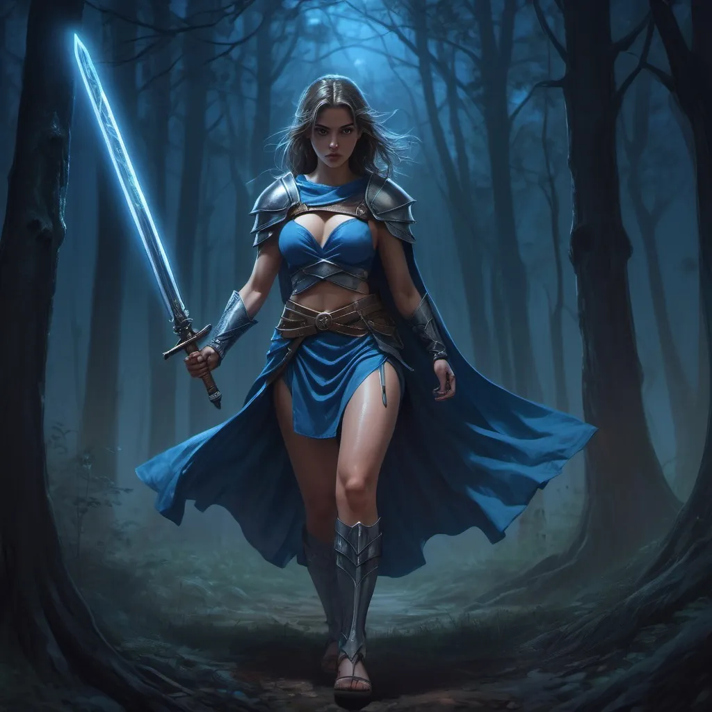 Prompt: a female warrior wearing blue short  dress revealing her legs and thighs , shield on her shoulders ,  she is gripping long sword(magical glowing  sword ) ,mystical  forest , night time , war , horror atmosphere , dramatic , high resolution , digital painting