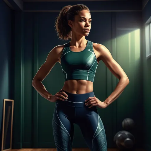 Prompt: A stylized, hand-drawn digital illustration of a confident athletic woman in a dimly lit room with a dramatic spotlight casting soft light on her. She is wearing a sleek, high-quality athletic outfit with a fitted navy-blue top and matching high-waisted leggings in dark green with subtle patterns. The setting is a dark room with textured walls, illuminated by a single warm spotlight, creating striking shadows and a moody atmosphere. The style is semi-realistic with soft, painterly details and rich colors. The overall tone is modern, athletic, and artistic, with an emphasis on elegance and strength