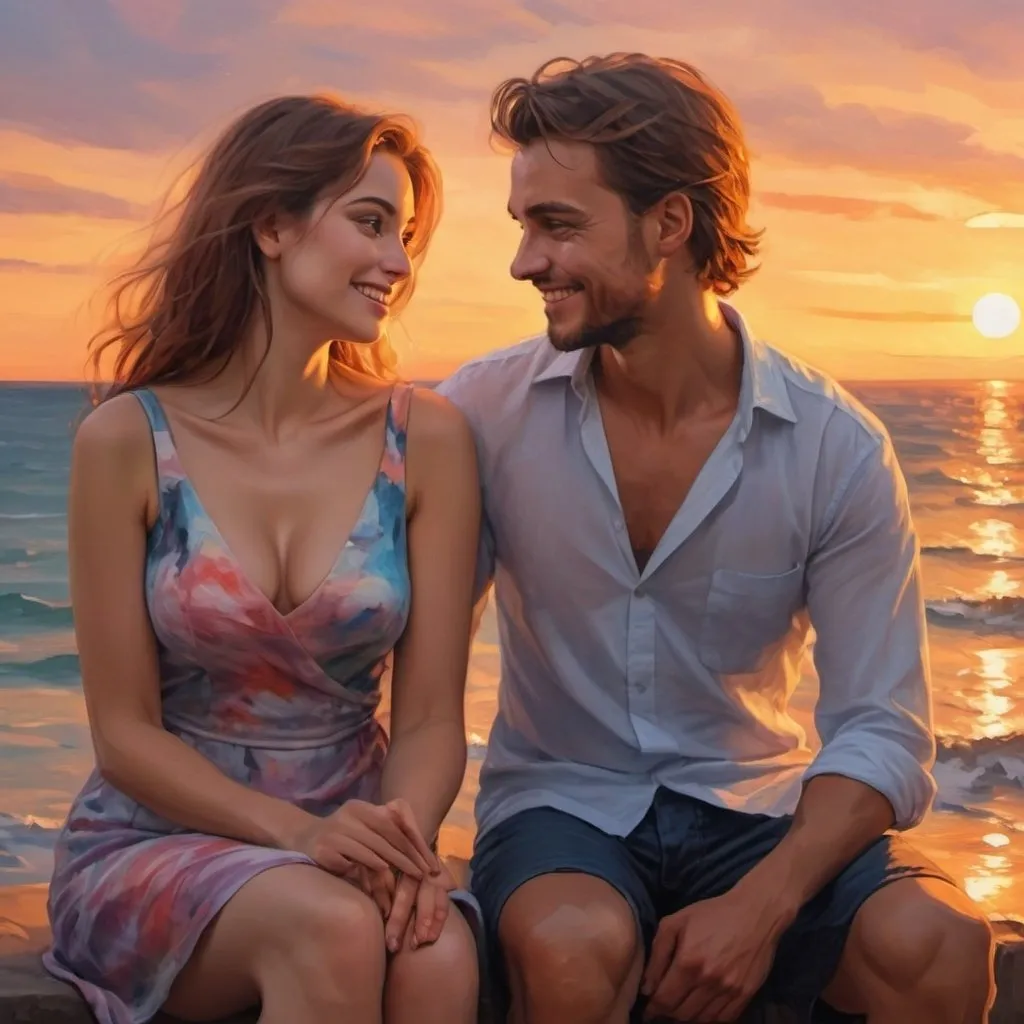 Prompt: 4k , high resolution , realism , digital painting , sea , sunset , expressionism , love , romantic scene , a man and woman are sitting  together , they both look at each others , they both smile  .
the woman wears mini dress , close up


