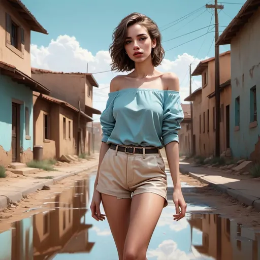 Prompt: 4k , high resolution , modeling , fashion, outside  ,digital painting , realism , urban , road mixed with sand  ,old poles , old houses are behind , sky , puddle , 
a woman is leaning against an wall, modeling stance , artistic , creme white shorts ,  off shoulder tiffany blue shirt , dark colors , low angle shot 