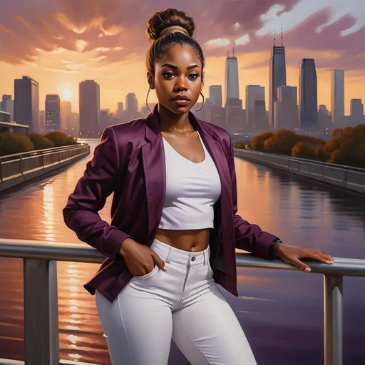 Prompt: oil painting of a black woman(plum jacket , white shirt , brown tight pants,ponytail) standing(dramatic face expressions) near the safety railing ,sidewalk , surrounded by a stunning city skyline, capturing urban beauty, warm sunset hues reflecting on water, soft waves lapping at the shore, a gentle breeze in her hair, (4K) quality, realism , high resolution 