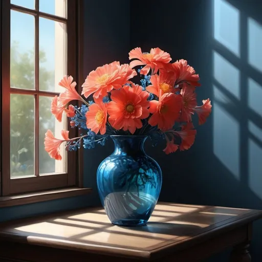 Prompt: 4k , high resolution , detailed , digital painting , realistic painting , dark room , window, half closed shutter , a blue transparent vase on table , coral flowers on vase , sunlight shines the vase through the window's shutter 