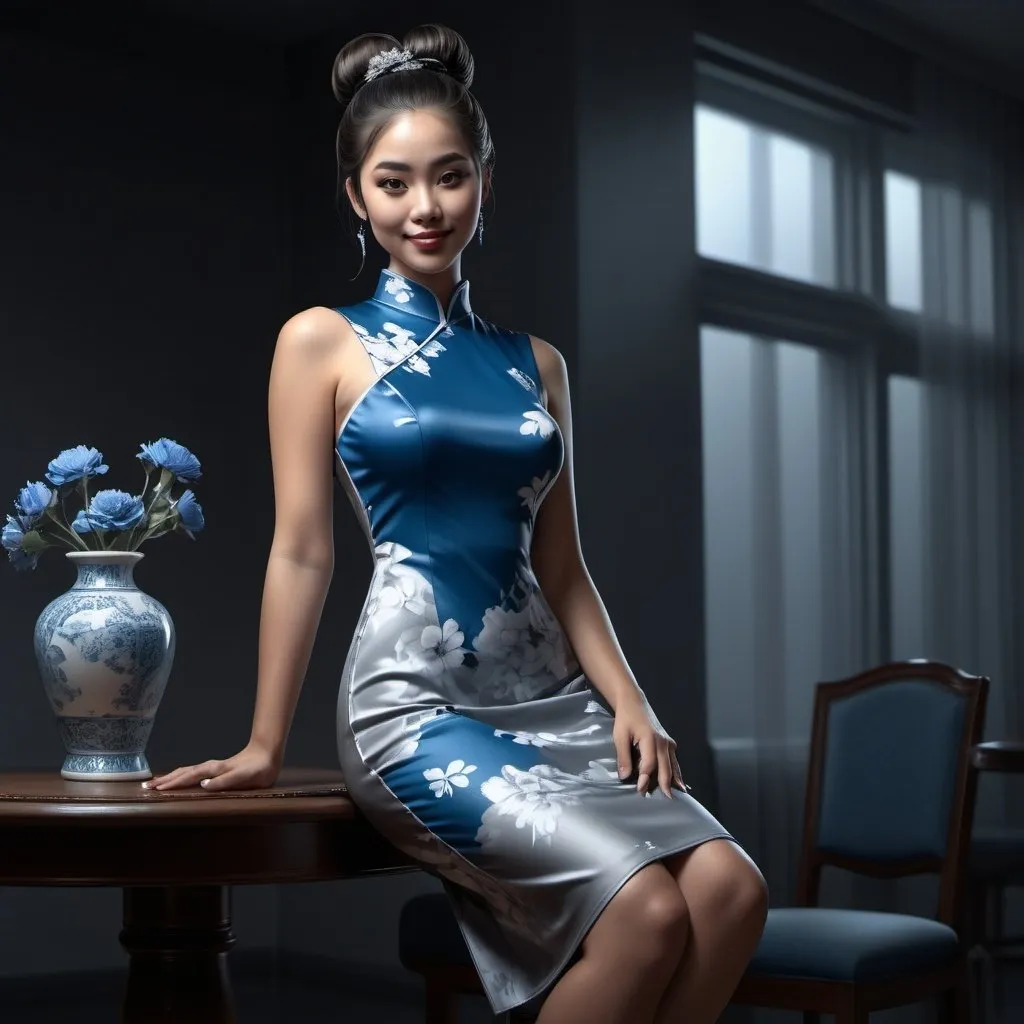 Prompt: 4k , high resolution , digital painting , photorealism , artistic , achromatic grays , dark room ,table with flowers in vase,  modeling , a asian woman is in modeling pose ,dynamic photo , dramatic ,  hair buns  hairstyle , blue modern cheongsam dress , legs , model stance , low angle shot , expressionism , close up , light and shadow photography ,smile