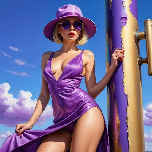 Prompt: 4k,oil painting,high resolution,professional, bright colors , blue sky,modeling , purple themed photo , a rich woman is modeling  ,she is standing near a purple pole,bob haircut,blonde hair,mini slit purple dress reveals legs,focus on legs ,purple hat,she wears sunglasses , mirrored lens, close up , portrait 