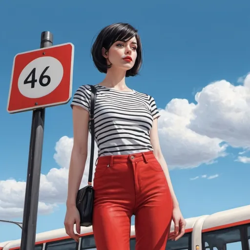 Prompt: 4k , high resolution , detailed , digital painting , bright blue sky , 
(a woman) standing confidently in a modeling pose(low angle shot), (bus stop settings, ) with a traffic sign nearby, wearing a stylish black and white striped t-shirt paired with striking red tight pants, (short black hair), (pale skin), captured in (art photography) style , red stylish bag