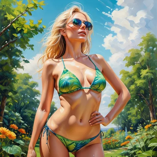 Prompt: 4k,oil painting,high resolution,professional, bright colors , blue sky,modeling ,low angle shot ,  woman is modeling , garden ,she is standing at beautiful garden , woman's body is wet, wet blonde hair,green swimwear ,focus on legs ,she wears sunglasses , mirrored lens, crossed hands , crossed legs