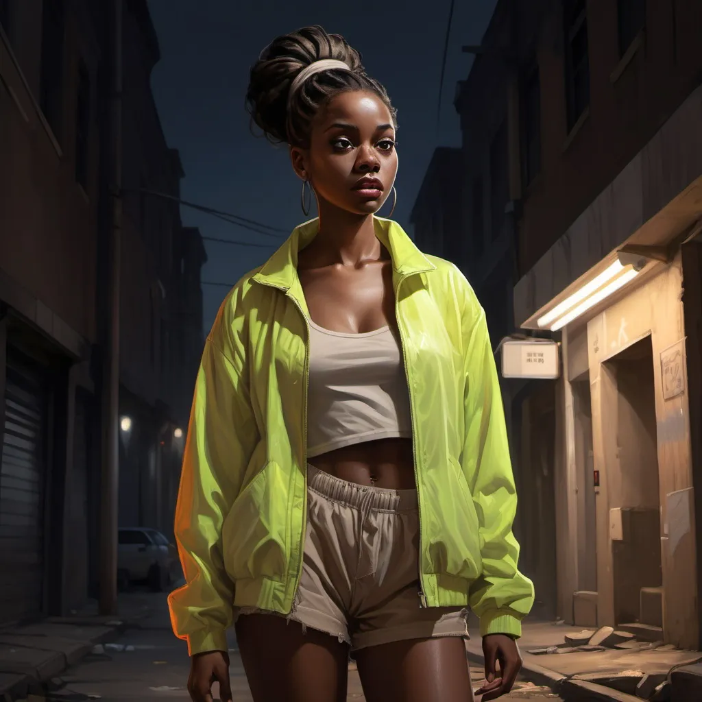 Prompt: high resolution, digital painting ,realism  , neglected street ally(dirty , trash) ,  Fluorescent above the woman  ,, nighttime (mystery , horror), a black woman(bun hairstyle ,beige  jacket , ivory shorts) standing , the woman illuminated by the light of the fluorescent  ,soft contrast (light and shadow) , low angle shot of  the woman , her face expressions express her feelings alone 