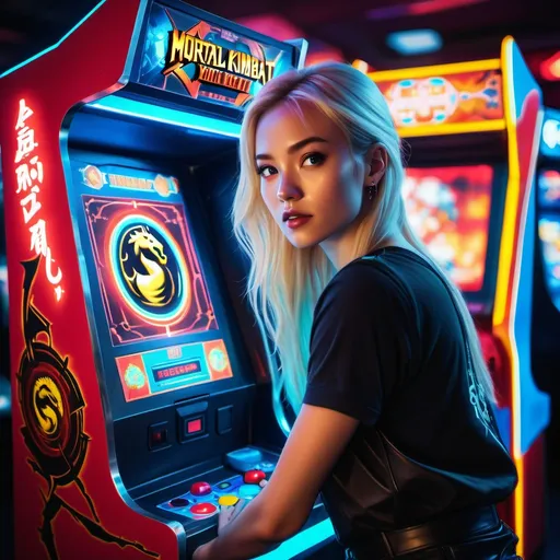 Prompt: (vibrant neon lighting), a blonde woman playing in arcade machine (mortal kombat)(low angle shot,half body),  filled with dynamic colors, contrasting red and soft light blue hues illuminating the background, an energetic and night atmosphere, captivating details enhancing the nightlife experience