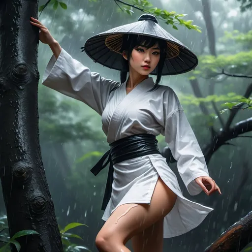 Prompt: 4k ,oil painting ,fantasy, high resolution ,artistic,modeling, a female ninja,she leans against a tree,black hair,she wears rain chinese  hat , long white ninja outfit , white short skirt reveals legs, low angle shot ,focus on legs ,dynamic , wind ,forest,rain,dark area , 