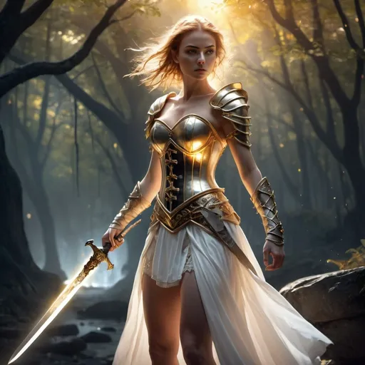 Prompt: (brave female warrior holding a magical glowing sword), standing in fighting stance, white and gold mixed color corset, white dress, fantasy, digital painting, (4K), high resolution, dynamic pose, intense expression, glowing aura,nature , trees , dark forest , bridge , death atmosphere  , intricate details, soft shadows, dramatic lighting, epic composition, HD quality.