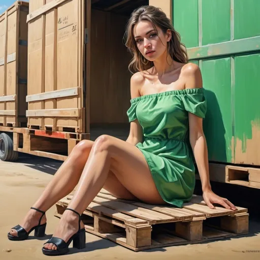 Prompt: 4k , high resolution , hyperrealism , industrial ,digital painting , expressionism , sand , cartons , warehouse , roller shutter door ,
a woman is sitting on pallet , off shoulder green mini dress , close up 