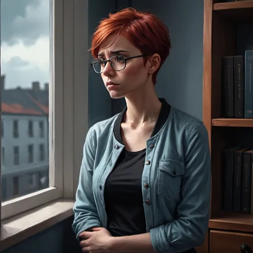 Prompt: 4k , high resolution , digital painting , somber atmosphere  , art photography , dark colors ,detailed features , office , shelf with book , a woman standing and looking out the window , red hair , short pixie haircut , glasses , light blue small jacket , black crop top shirt , off white long pants , the woman is 38 years old , she is depressed , rattled and hopeless , good composition , face expressions , depression , dramatic lighting 