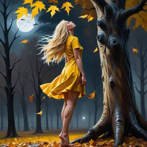 Prompt: 4k,high resolution,detailed,oil painting, modeling ,dark colors , park , autumn , woman stands and looks up the sky, long blonde hair, yellow mini slit dress reveals legs ,focus on legs ,barefoot , dramatic , sad colors , expressionism , loneliness , colors express sadness ,close up on the woman , modeling pose , leaves falling from the tree 