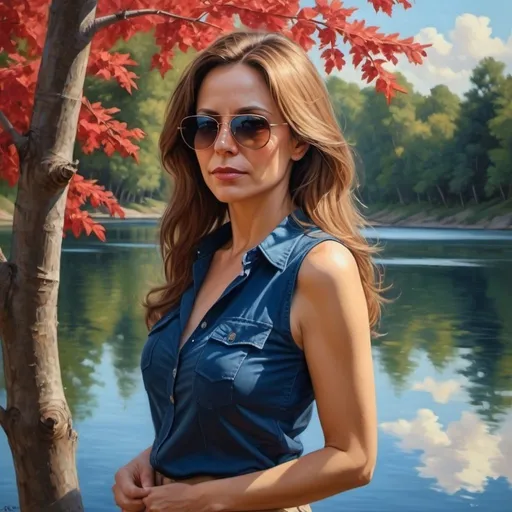 Prompt: 4k, high resolution,detailed,professional ,modeling ,oil painting, dark colors, urban,trees with red leaves, lake ,a beautiful woman touches herself ,she is 45 years old, the woman wears dark blue  sleeveless shirt , beige cargo shorts , long brown hair , sunglasses, mirrored lens , rounded body, 