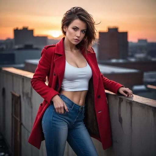 Prompt: 4k , high resolution , detailed ,glamour photography , dramatic colors ,contrast colors , realism ,professional, lights , art photography,neglected rooftop, urban view, sunset , a woman leaning against the wall in modeling pose, a ladder near the woman , bangs haircut, brown hair , opened red coat and white crop top under the brown jacket  , blue long tight  jeans , portrait , legs , low angle shot 